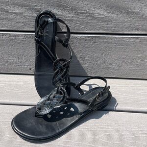Cole Haan Black Patent leather braid detail low heel slingback sandals 7